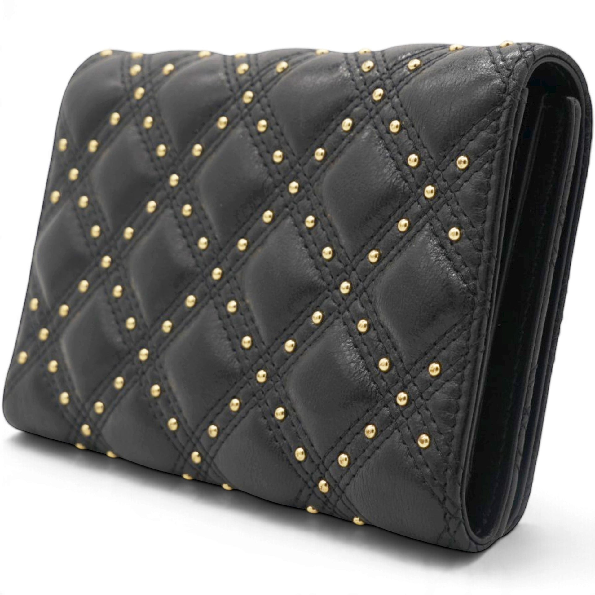 CHANEL Quilted Studded Compact Wallet Black 