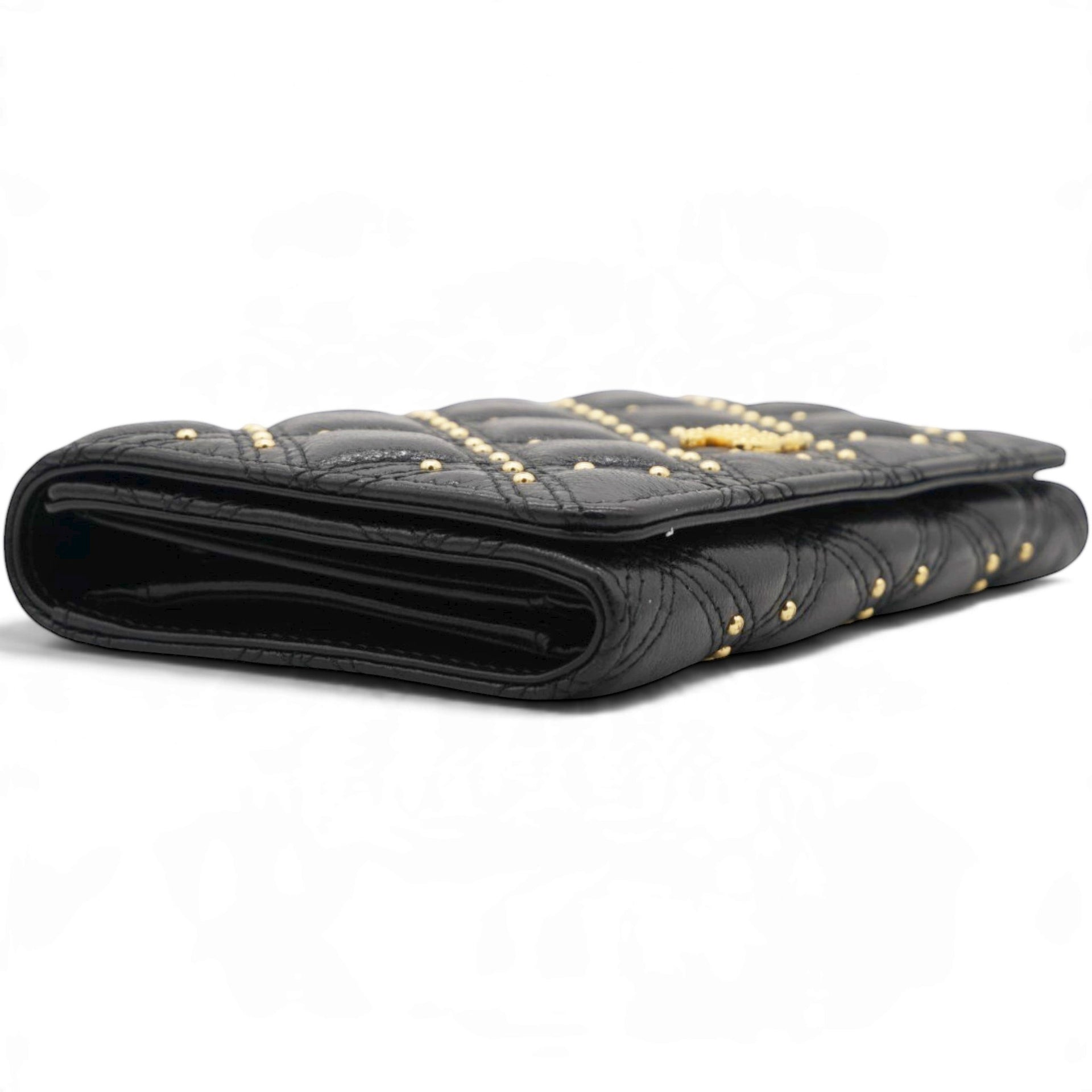 CHANEL Quilted Studded Compact Wallet Black 