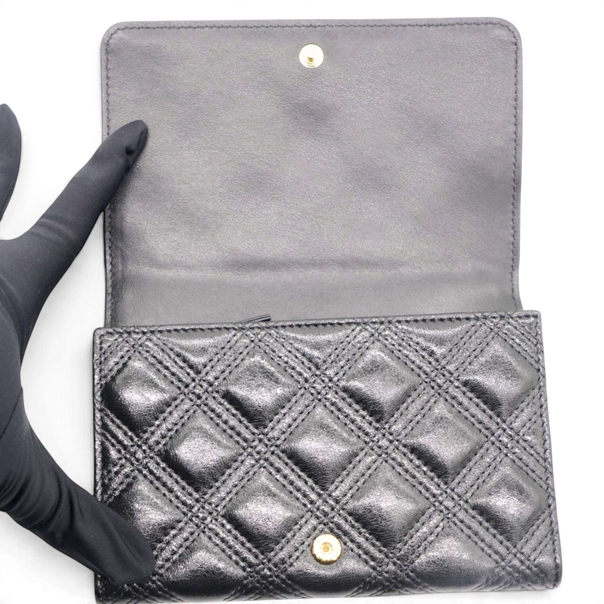 CHANEL Quilted Studded Compact Wallet Black 