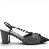 CHANEL Tweed Satin Cap Toe CC Slingback Pumps Black Grey Size37.5 