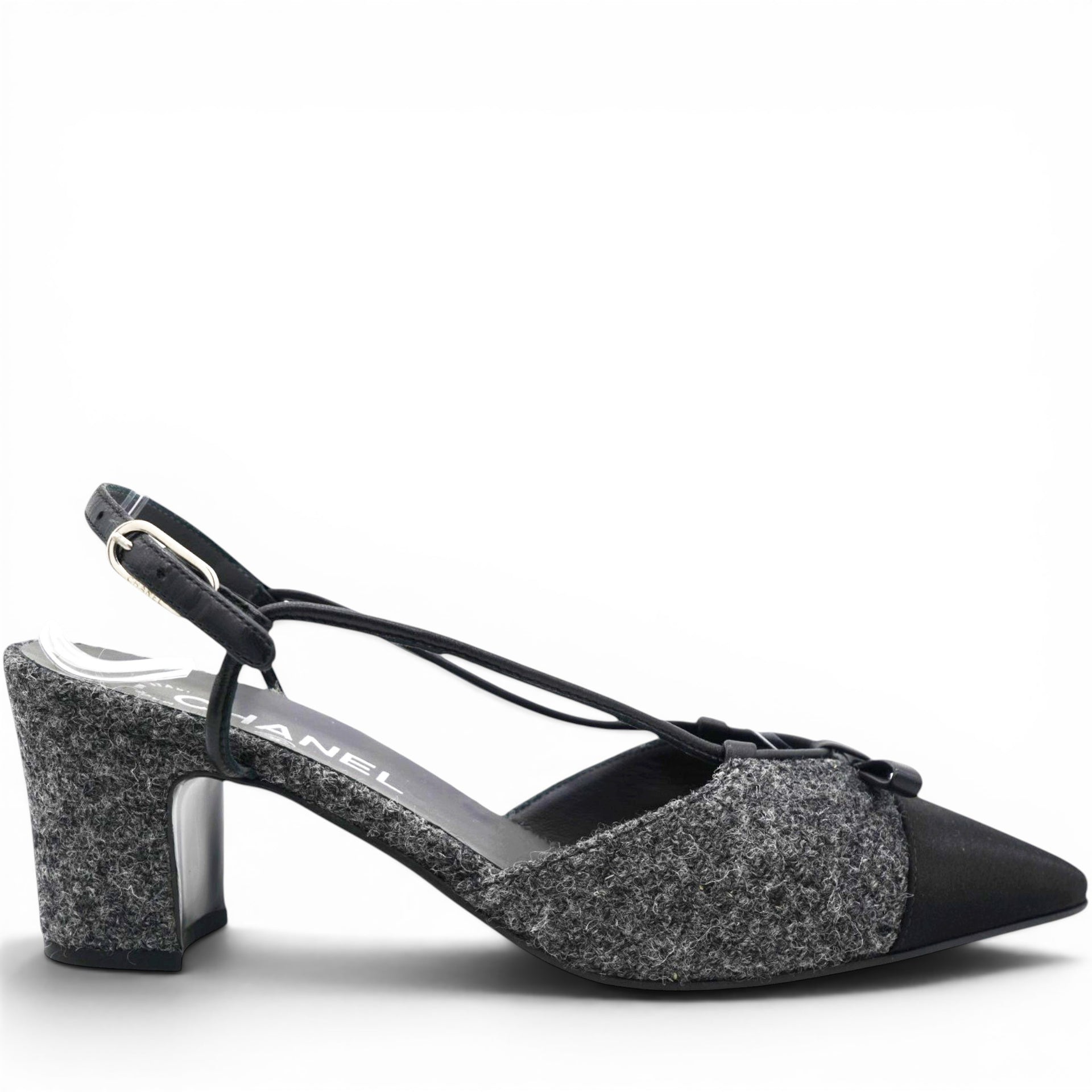 CHANEL Tweed Satin Cap Toe CC Slingback Pumps Black Grey Size37.5 