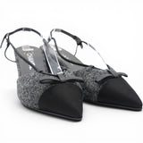 CHANEL Tweed Satin Cap Toe CC Slingback Pumps Black Grey Size37.5 