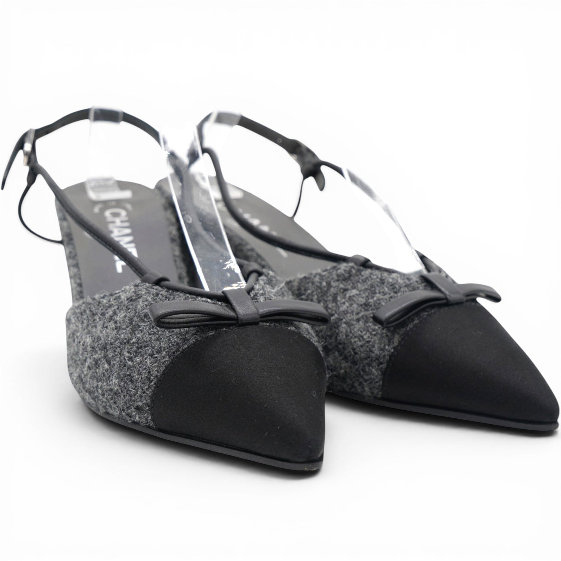 CHANEL Tweed Satin Cap Toe CC Slingback Pumps Black Grey Size37.5 