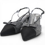 CHANEL Tweed Satin Cap Toe CC Slingback Pumps Black Grey Size37.5 