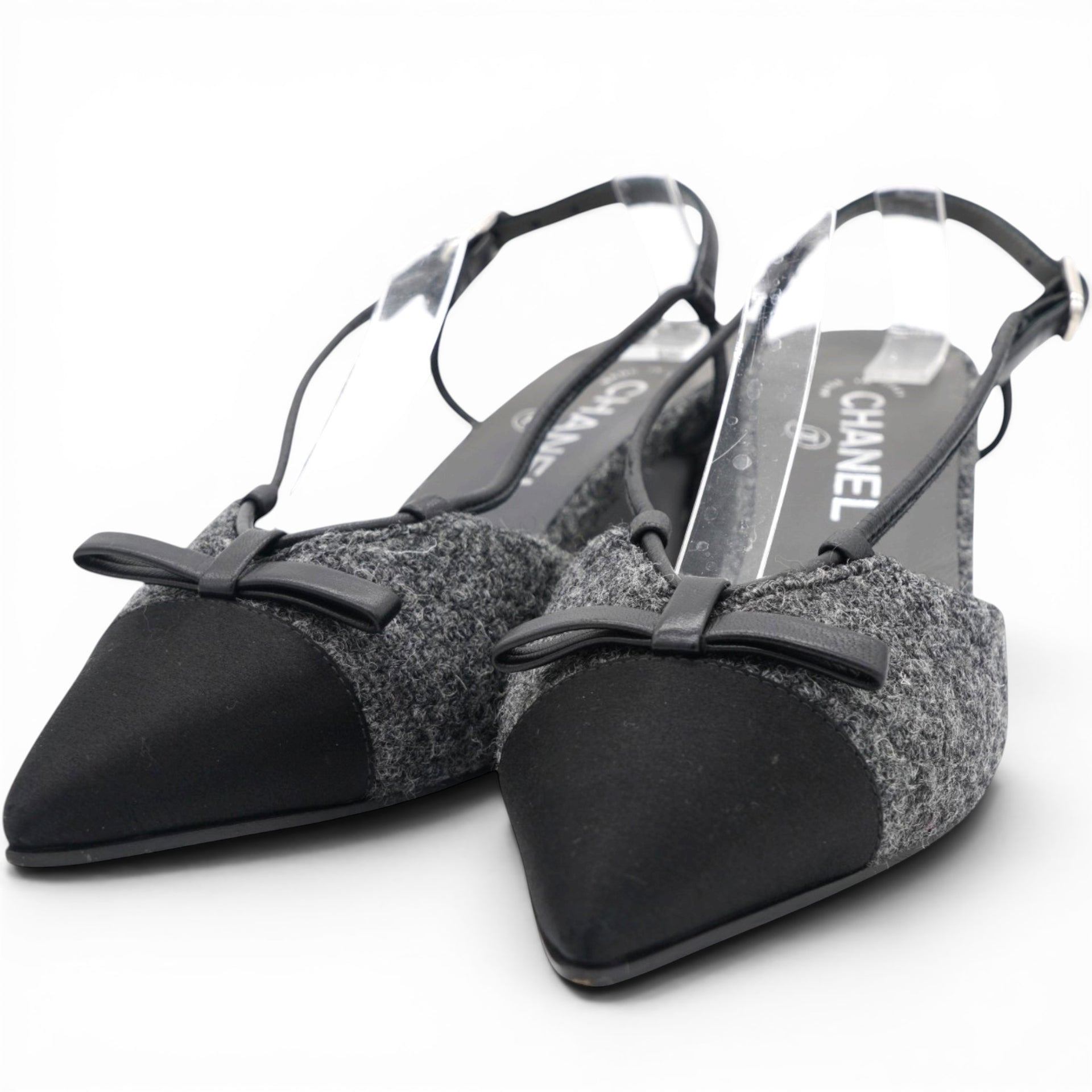 CHANEL Tweed Satin Cap Toe CC Slingback Pumps Black Grey Size37.5 