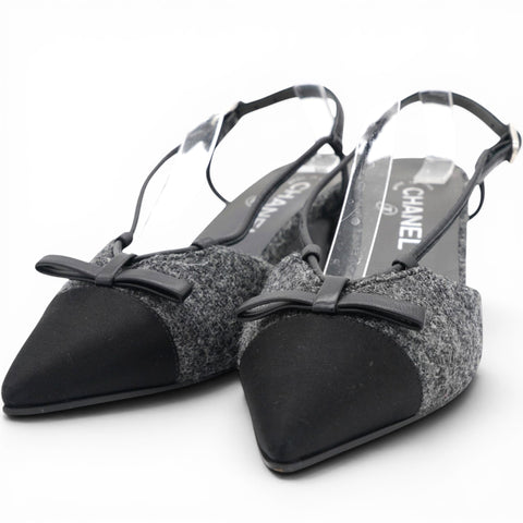 CHANEL Tweed Satin Cap Toe CC Slingback Pumps Black Grey Size37.5 