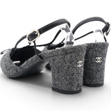 CHANEL Tweed Satin Cap Toe CC Slingback Pumps Black Grey Size37.5 