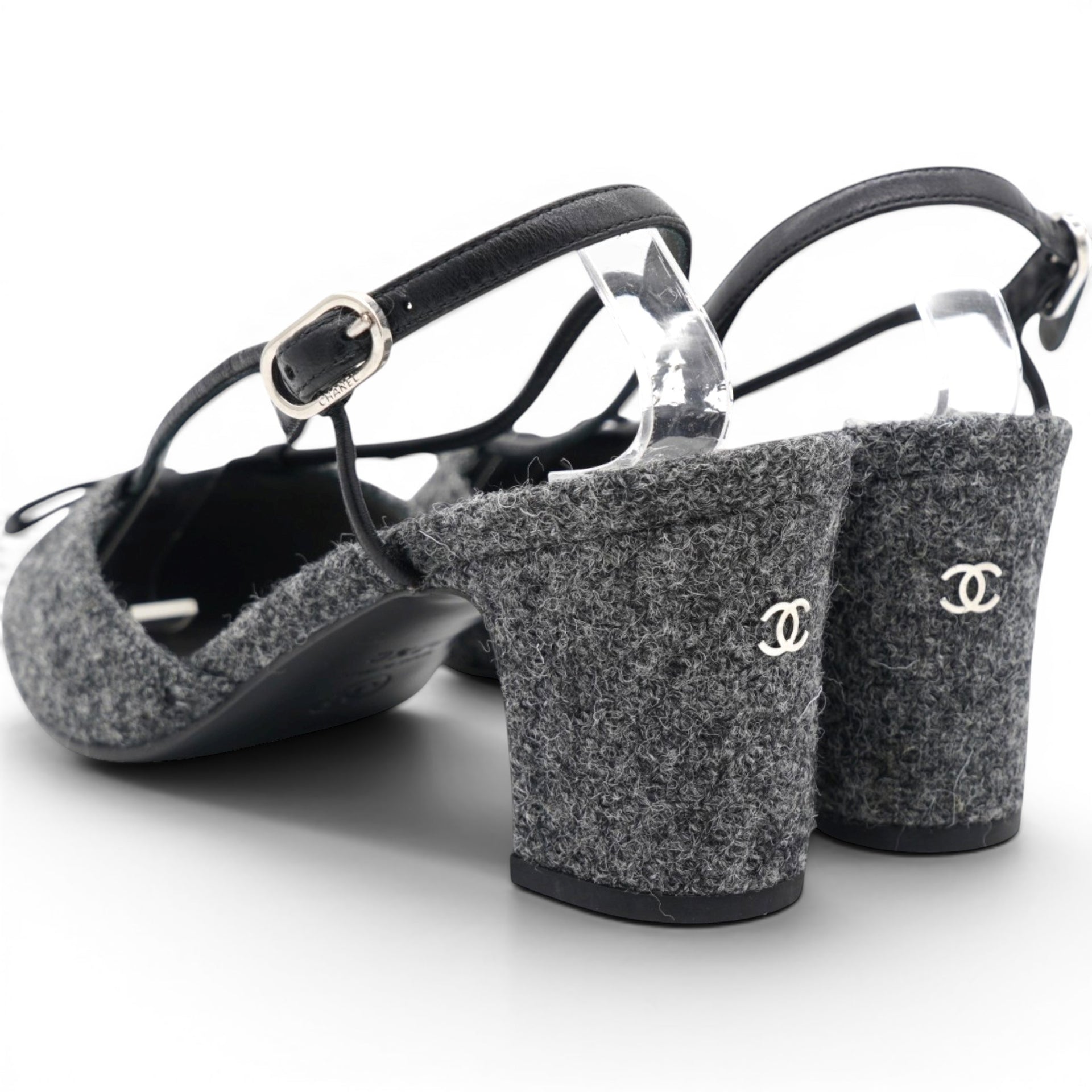 CHANEL Tweed Satin Cap Toe CC Slingback Pumps Black Grey Size37.5 