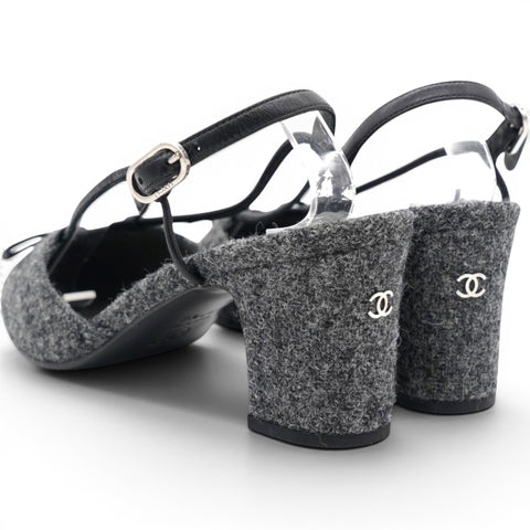 CHANEL Tweed Satin Cap Toe CC Slingback Pumps Black Grey Size37.5 