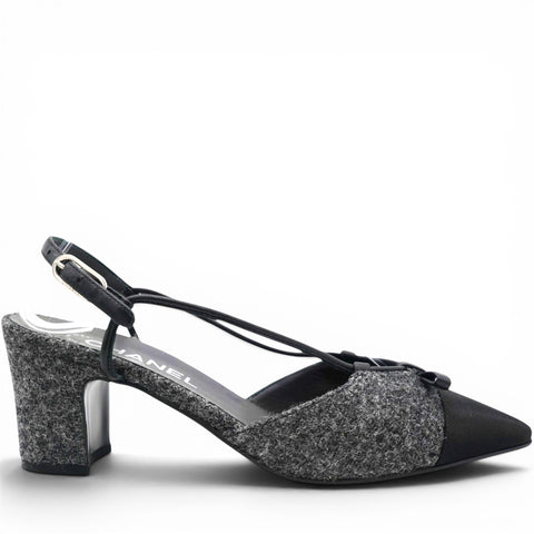 CHANEL Tweed Satin Cap Toe CC Slingback Pumps Black Grey Size37.5 