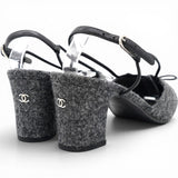 CHANEL Tweed Satin Cap Toe CC Slingback Pumps Black Grey Size37.5 