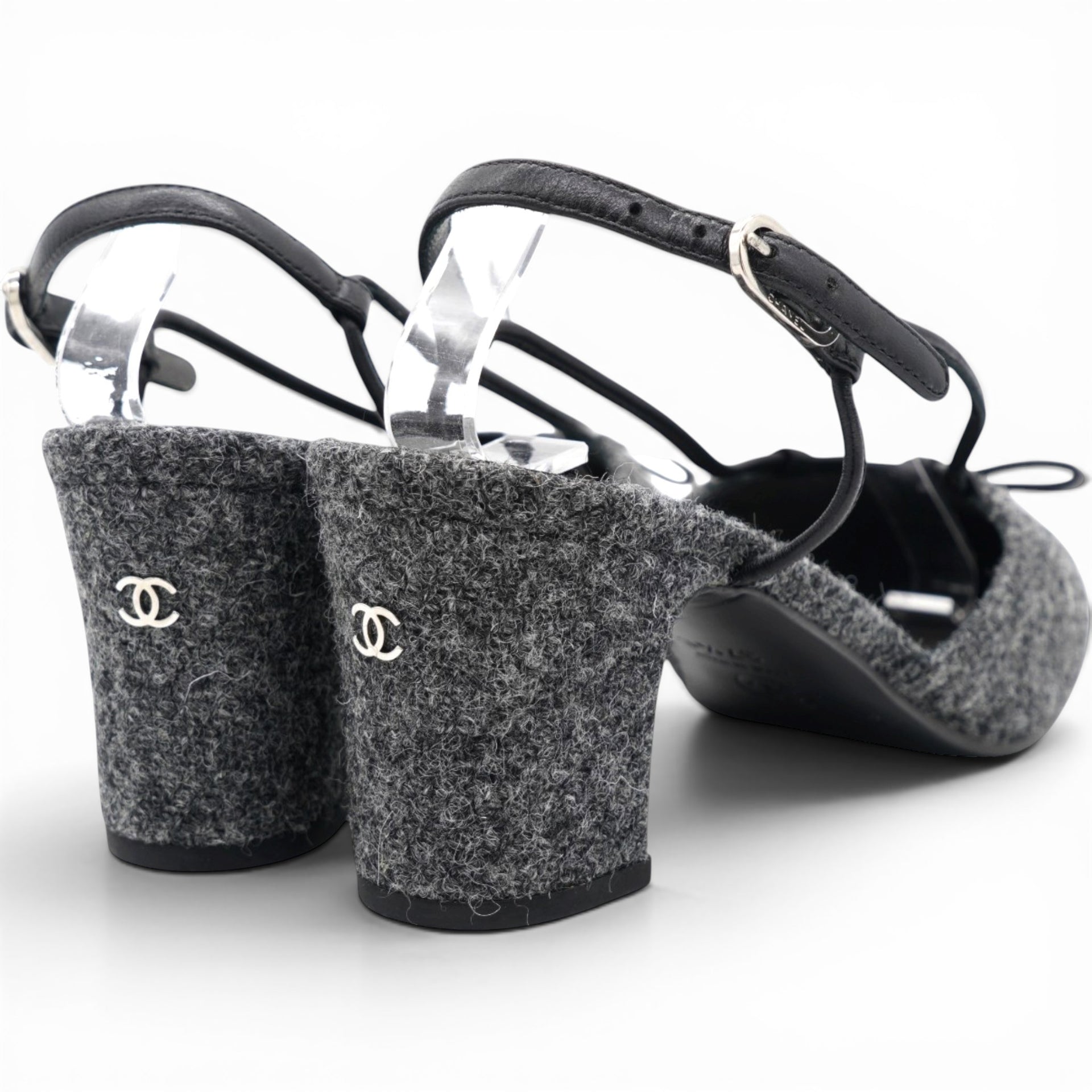 CHANEL Tweed Satin Cap Toe CC Slingback Pumps Black Grey Size37.5 