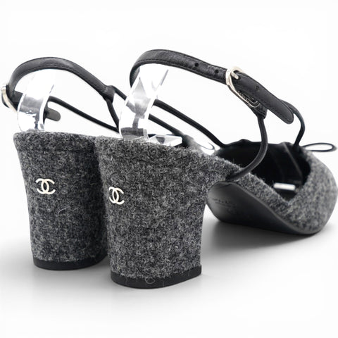 CHANEL Tweed Satin Cap Toe CC Slingback Pumps Black Grey Size37.5 