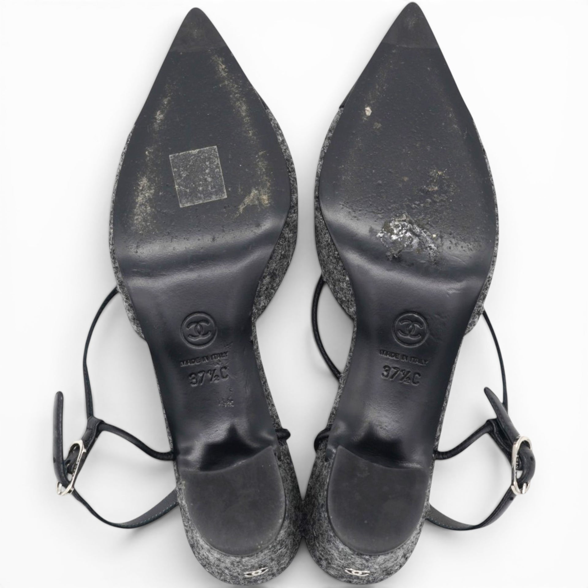 CHANEL Tweed Satin Cap Toe CC Slingback Pumps Black Grey Size37.5 