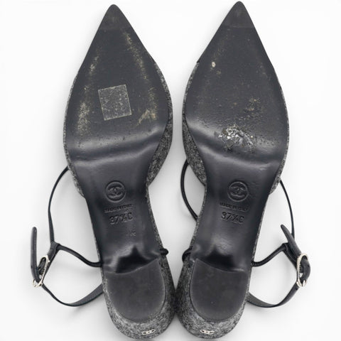 CHANEL Tweed Satin Cap Toe CC Slingback Pumps Black Grey Size37.5 