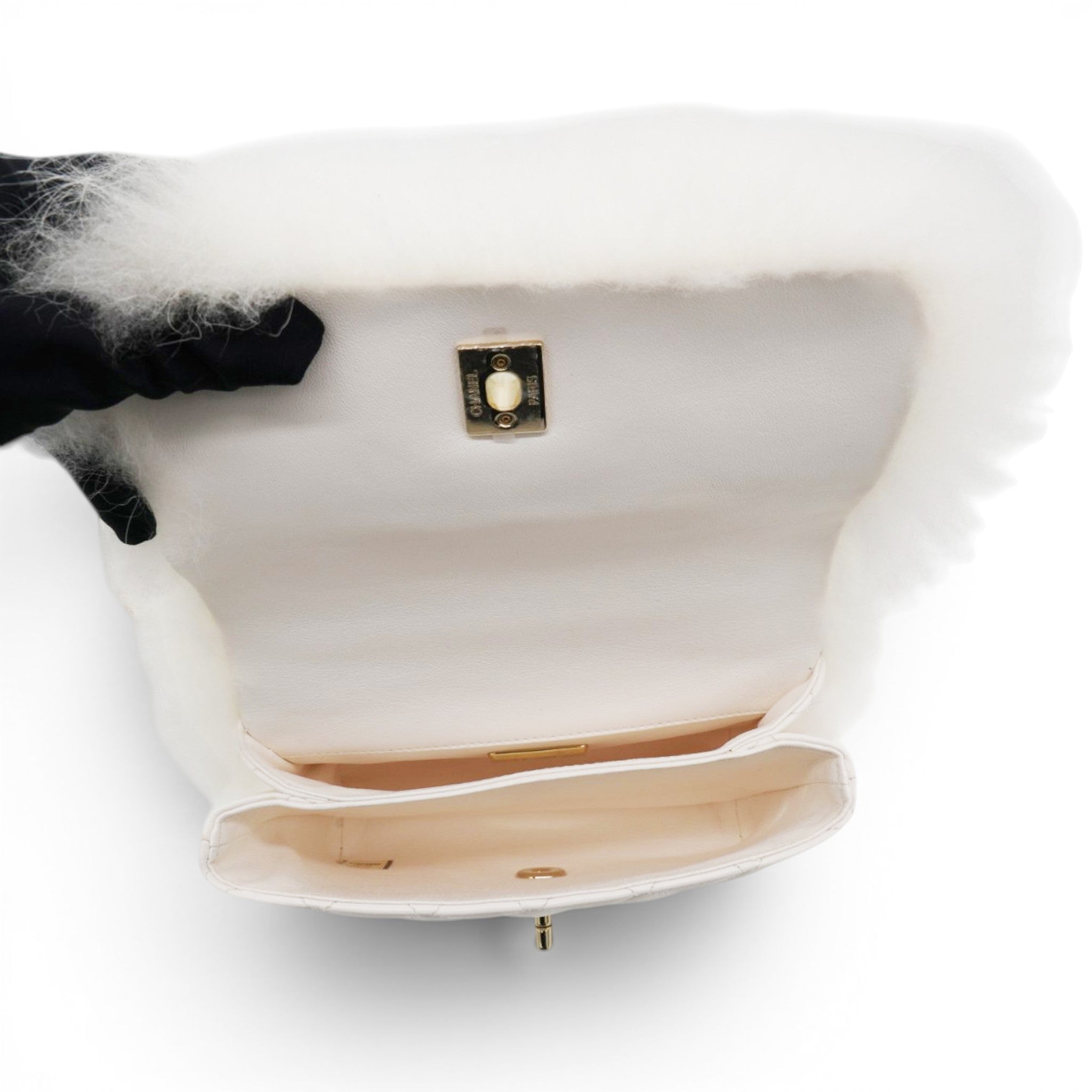 CHANEL White Long Fluffy Mohair Fur Clutch Bag Classic Double C Turn Lock Luxury Evening Handbag 