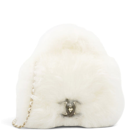 CHANEL White Long Fluffy Mohair Fur Clutch Bag Classic Double C Turn Lock Luxury Evening Handbag 