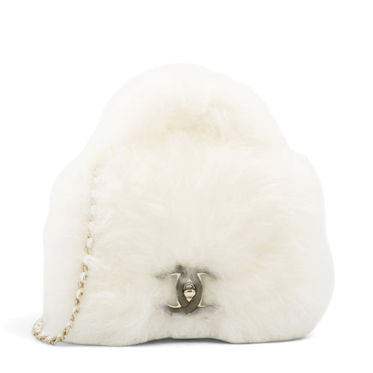 CHANEL White Long Fluffy Mohair Fur Clutch Bag Classic Double C Turn Lock Luxury Evening Handbag 
