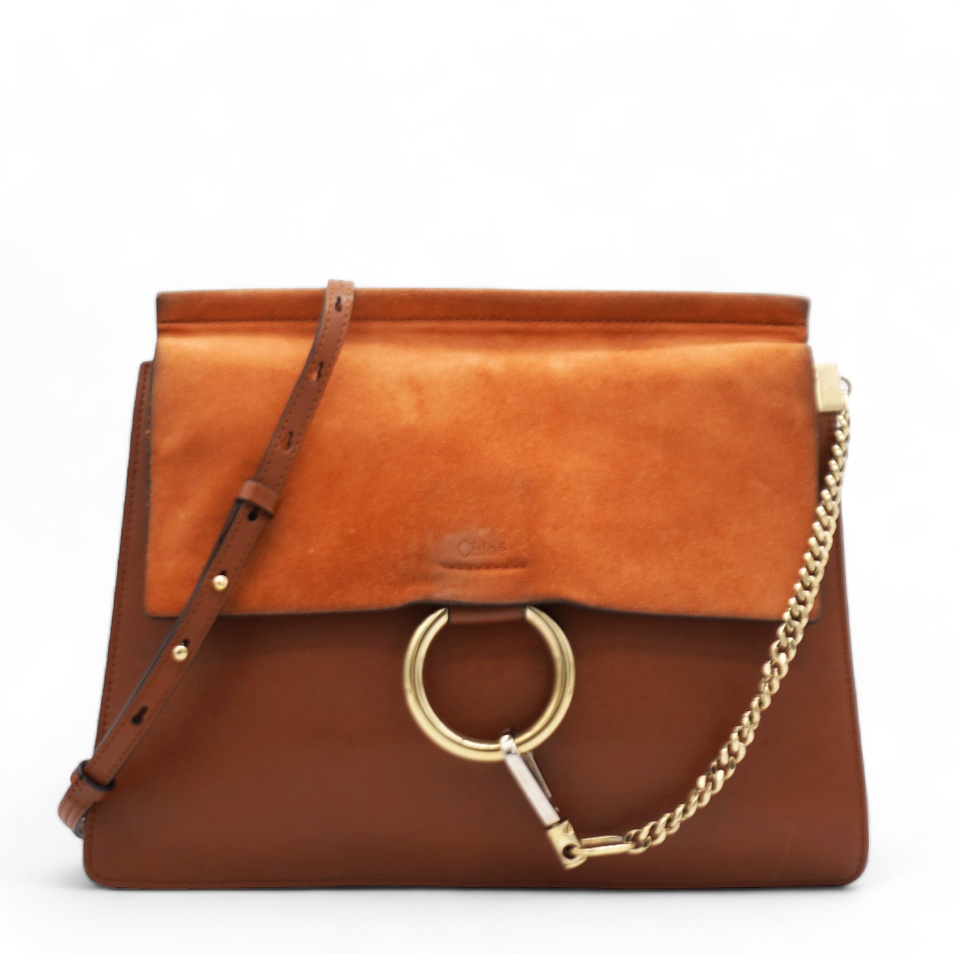 CHLOE Suede Calfskin Medium Faye Shoulder Bag Tobacco 