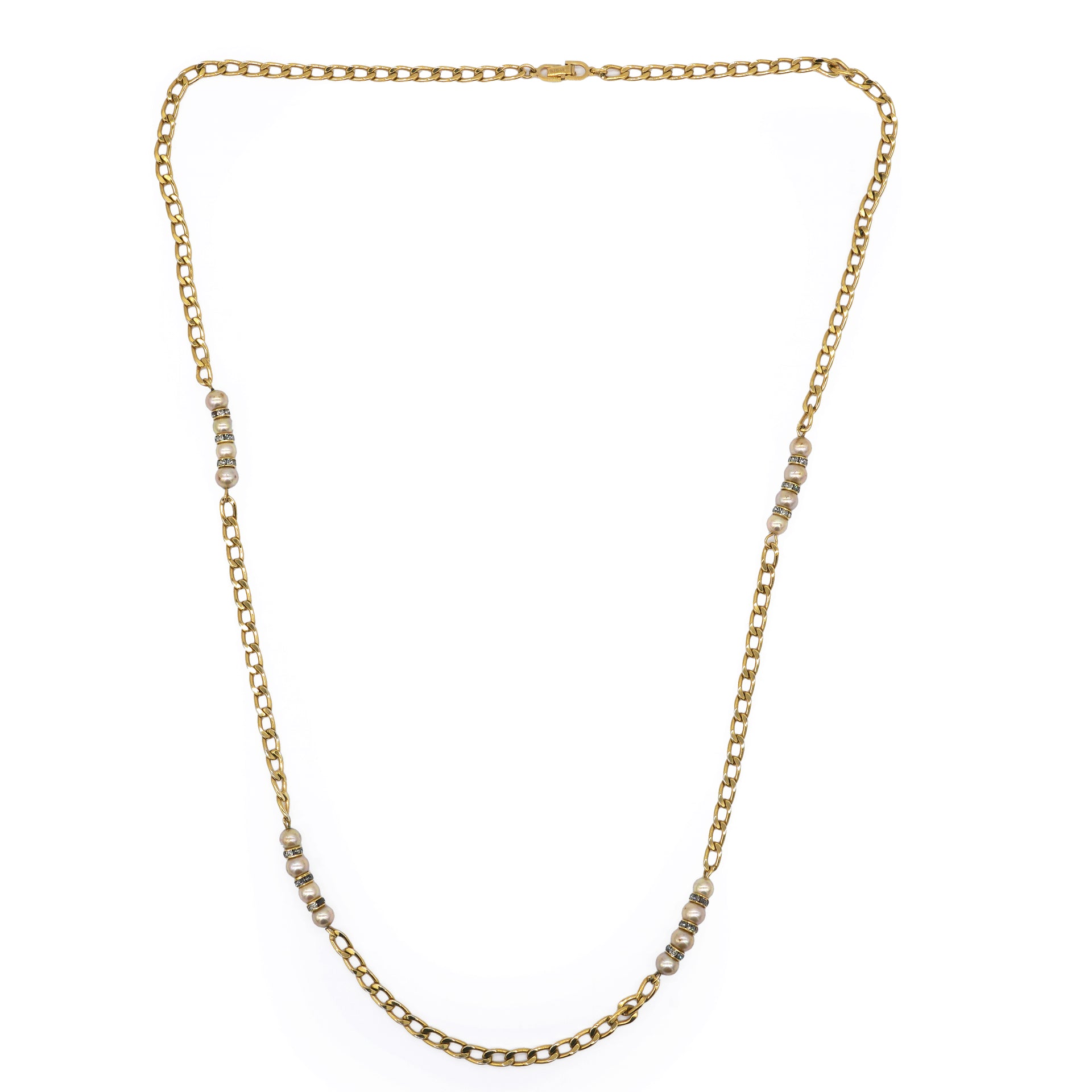 CHRISTIAN DIOR Baroque Pearl Inlay Gold Metal Link Station Necklace 