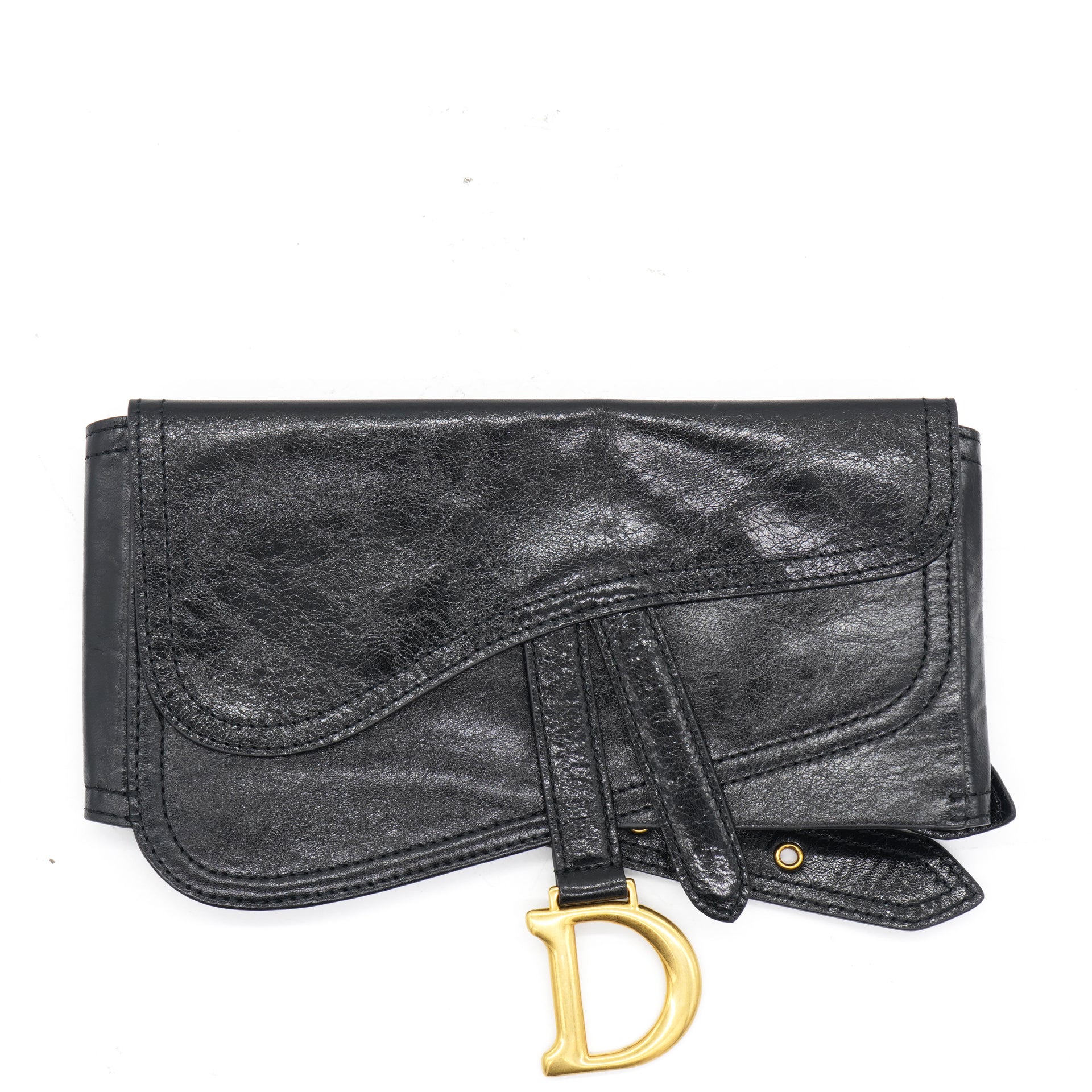 CHRISTIAN DIOR Black Crinkled Leather and Stretch Band Saddle Belt Bag 