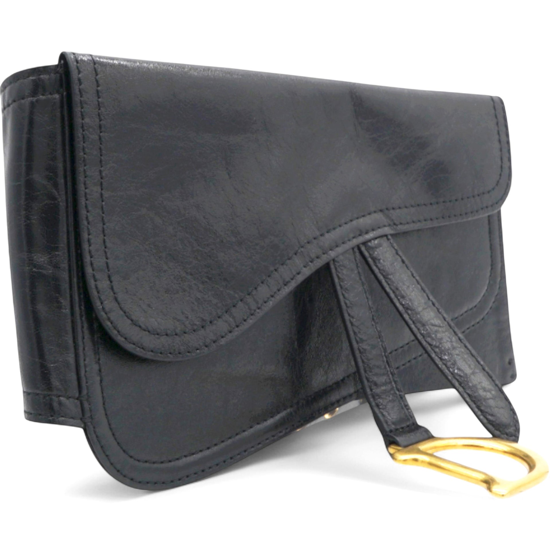 CHRISTIAN DIOR Black Crinkled Leather and Stretch Band Saddle Belt Bag 