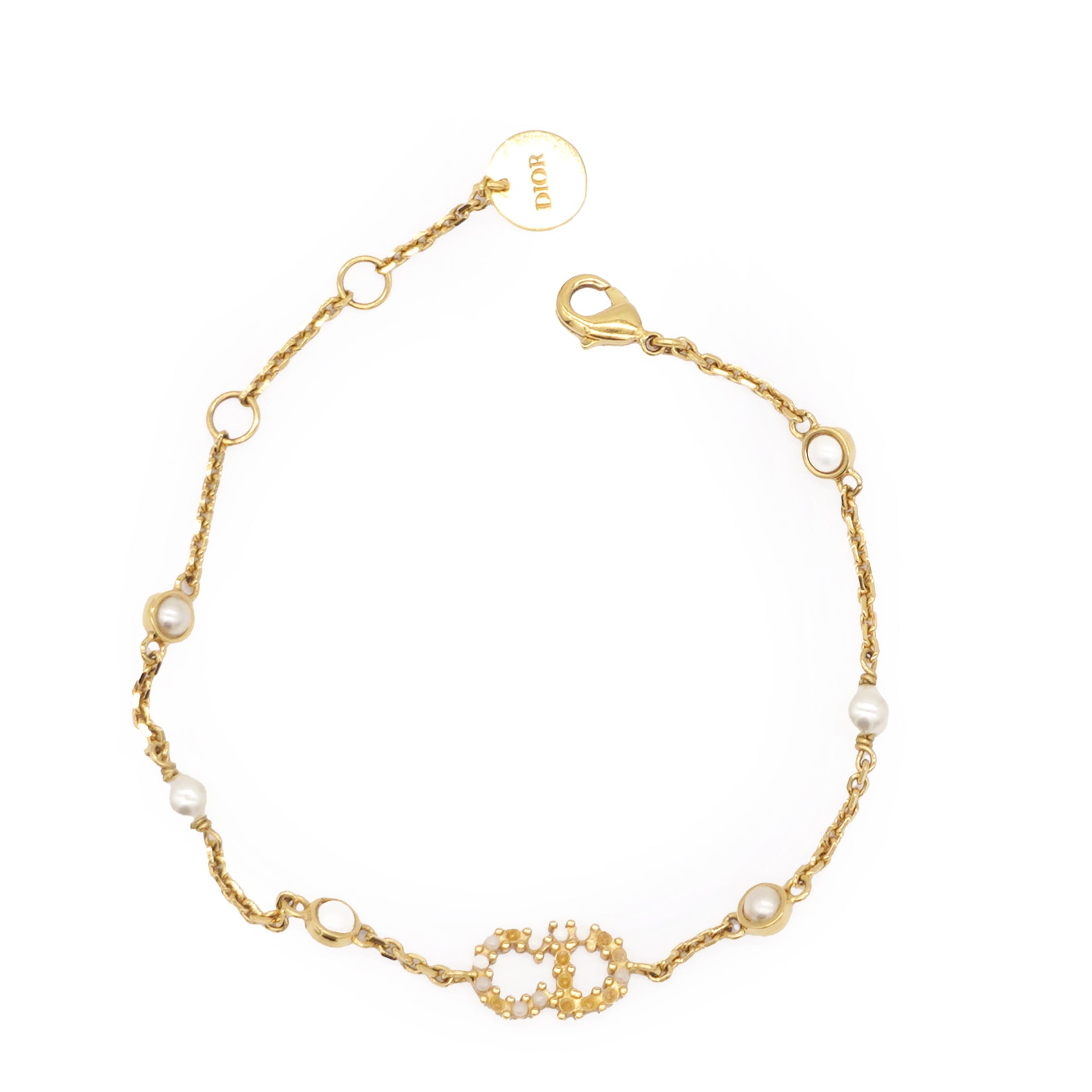 CHRISTIAN DIOR Clair D Lune Bracelet Gold-Finish Metal White Resin Pearls and Sparkling Crystals 
