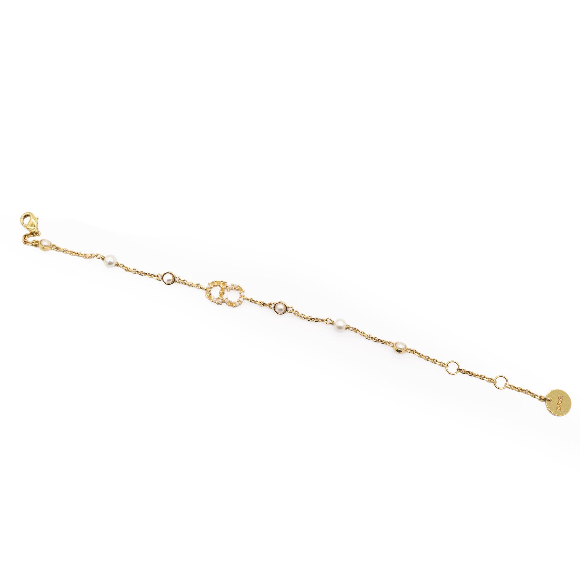 CHRISTIAN DIOR Clair D Lune Bracelet Gold-Finish Metal White Resin Pearls and Sparkling Crystals 