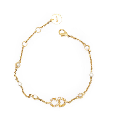 CHRISTIAN DIOR Clair D Lune Bracelet Gold-Finish Metal White Resin Pearls and Sparkling Crystals 