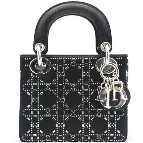 CHRISTIAN DIOR Satin Crystal Cannage Mini Lady Dior Black 