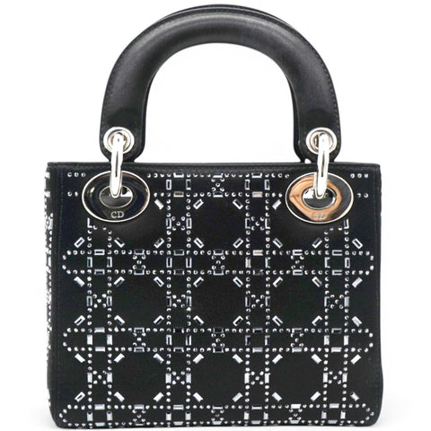 CHRISTIAN DIOR Satin Crystal Cannage Mini Lady Dior Black 