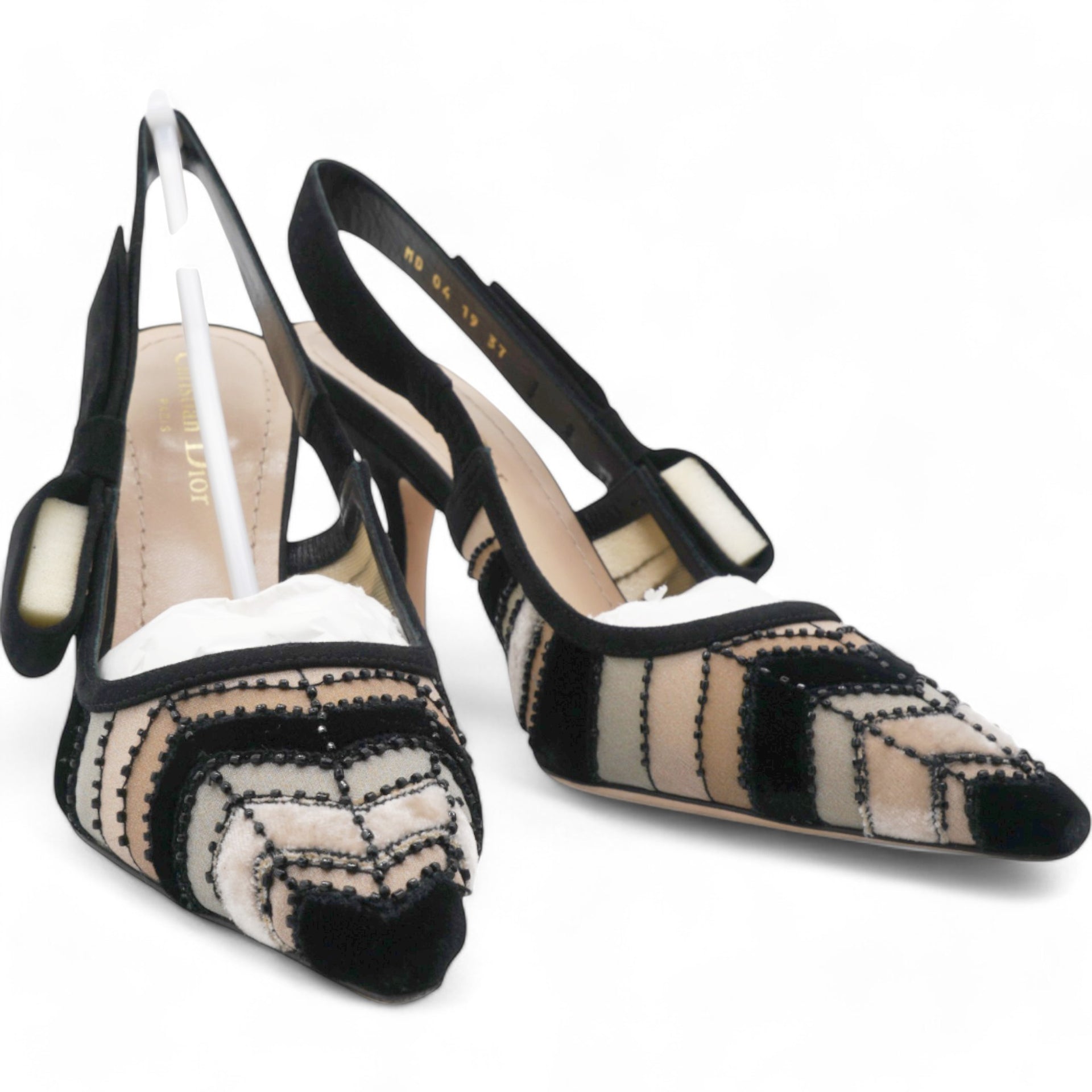 CHRISTIAN DIOR Suede Tulle Velvet Embroidered Sweet D Sling-Back Pumps Pink Grey Size 37  