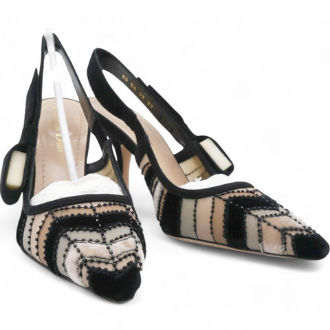 CHRISTIAN DIOR Suede Tulle Velvet Embroidered Sweet D Sling-Back Pumps Pink Grey Size 37  