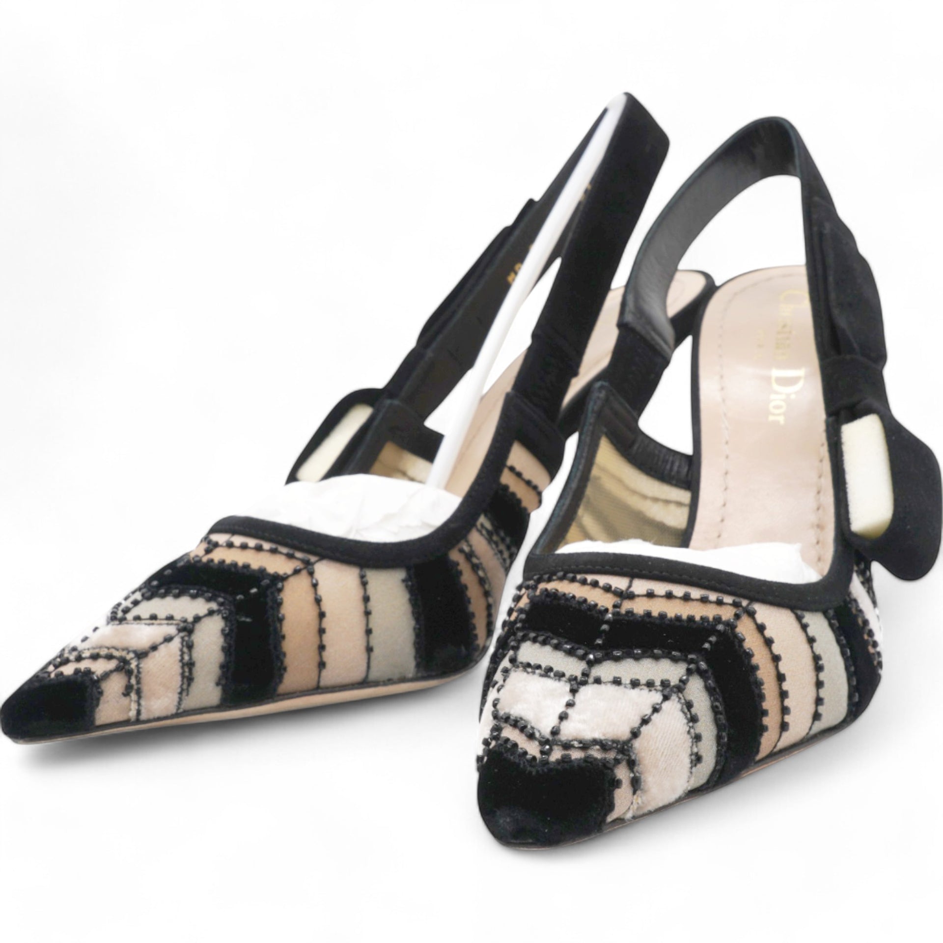 CHRISTIAN DIOR Suede Tulle Velvet Embroidered Sweet D Sling-Back Pumps Pink Grey Size 37  