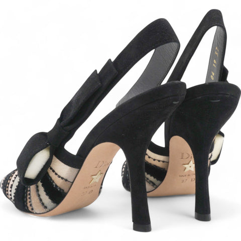 CHRISTIAN DIOR Suede Tulle Velvet Embroidered Sweet D Sling-Back Pumps Pink Grey Size 37  