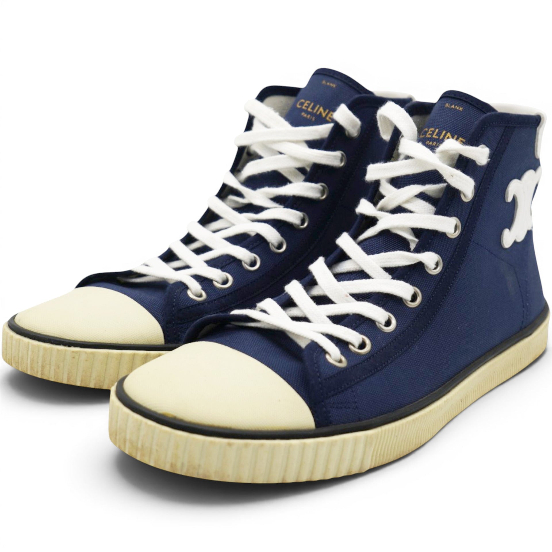 Celine Blank Lace Up Toe Cap Canvas & Calfskin Navy High Top Sneakers Size38 