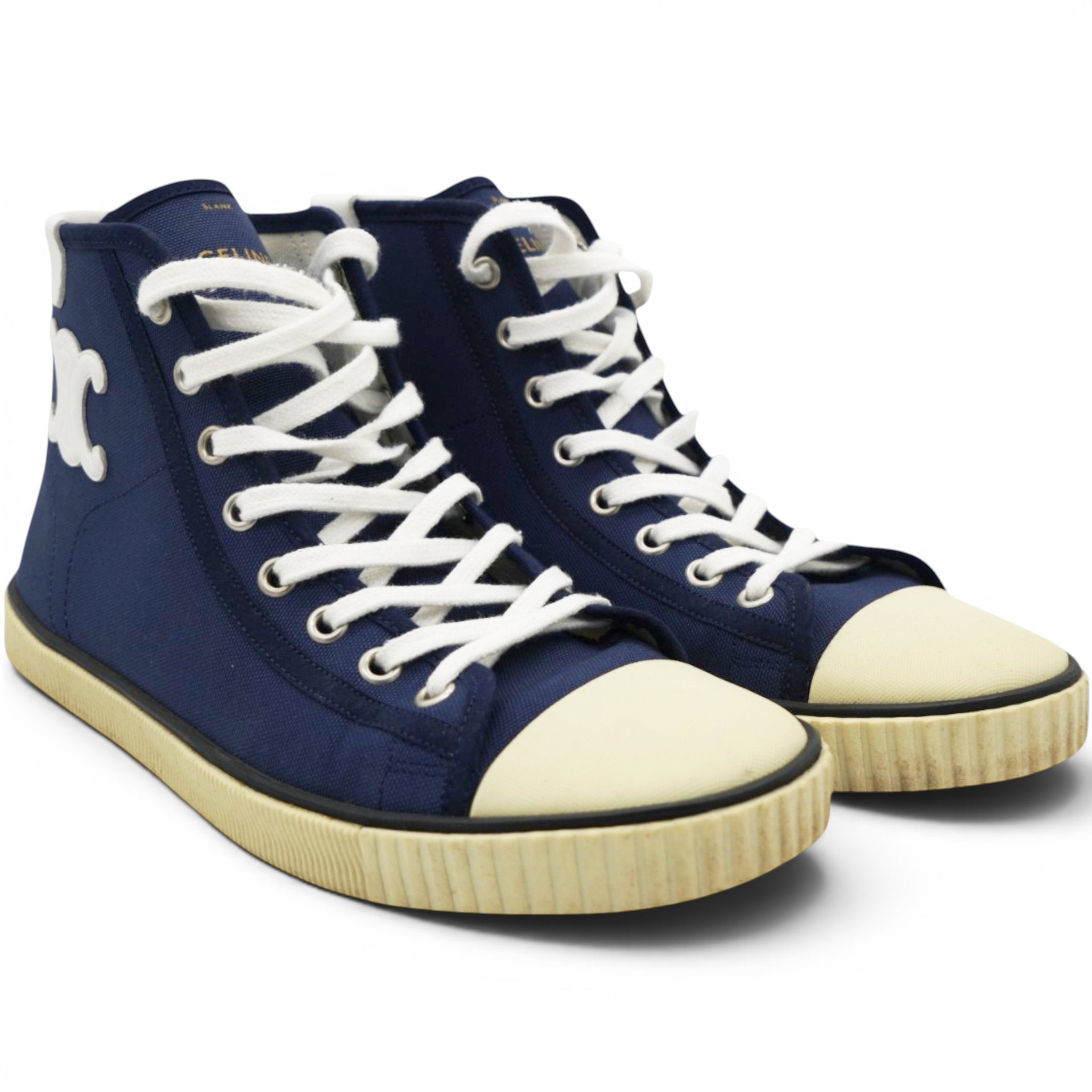 Celine Blank Lace Up Toe Cap Canvas & Calfskin Navy High Top Sneakers Size38 