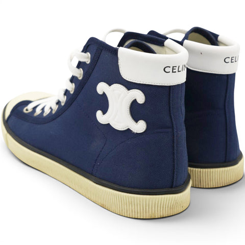 Celine Blank Lace Up Toe Cap Canvas & Calfskin Navy High Top Sneakers Size38 
