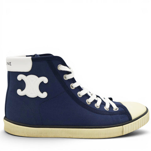 Celine Blank Lace Up Toe Cap Canvas & Calfskin Navy High Top Sneakers Size38 