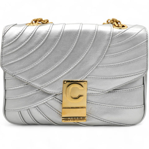 Celine Open Box Laminated Quilted Leather Shoulder Bag Silver 