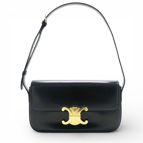 Celine Shiny Leather Triomphe Shoulder Bag Black 