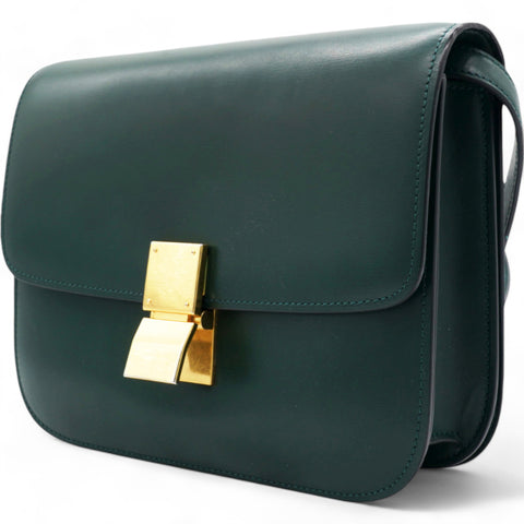  Celine Spazzolato Calfskin Classic Box Medium Flap Bag Dark Green 