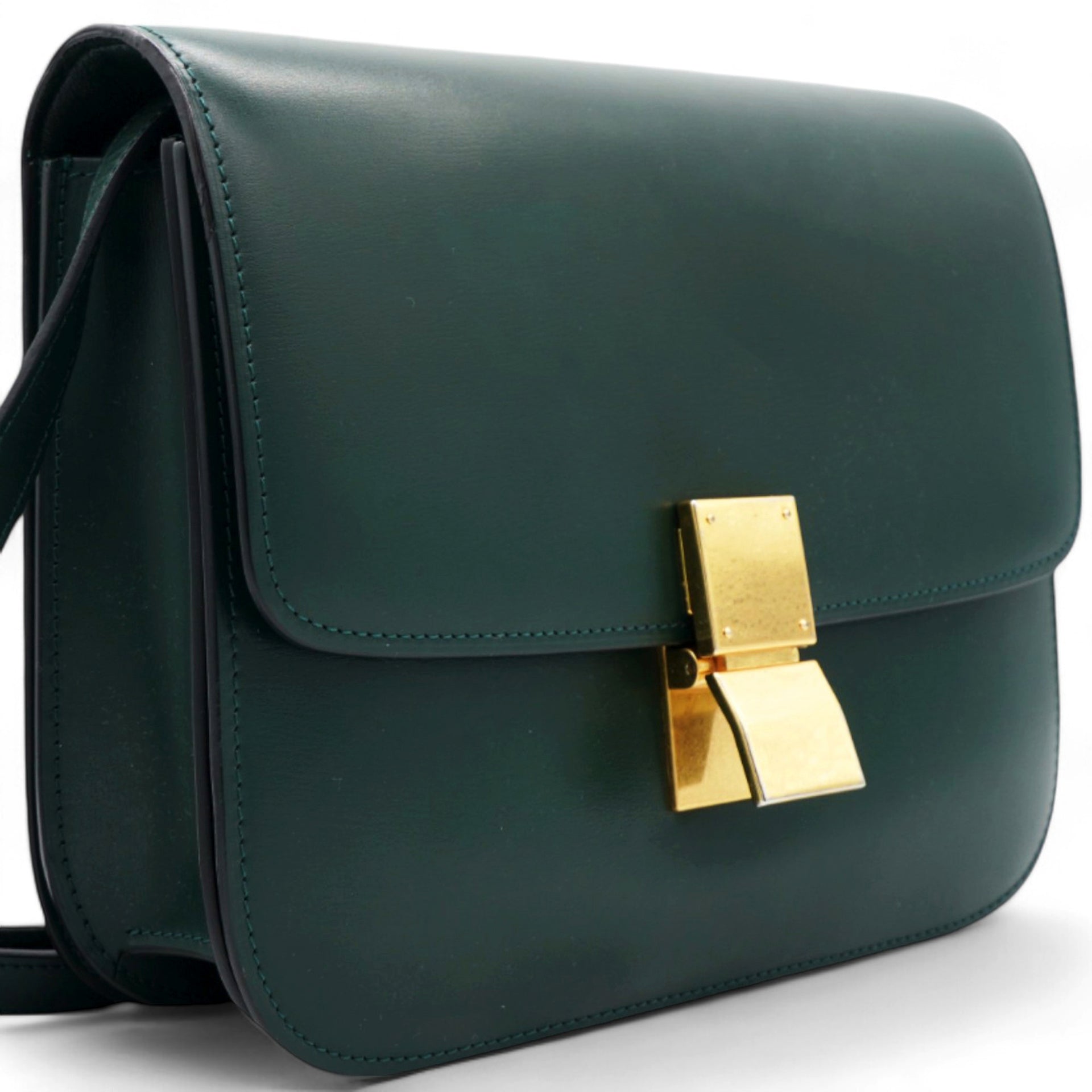  Celine Spazzolato Calfskin Classic Box Medium Flap Bag Dark Green 