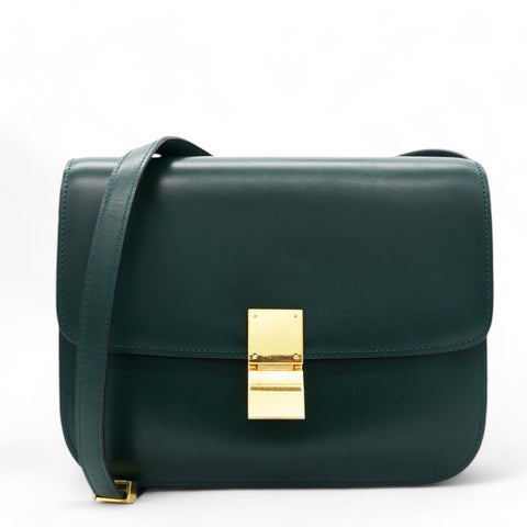  Celine Spazzolato Calfskin Classic Box Medium Flap Bag Dark Green 