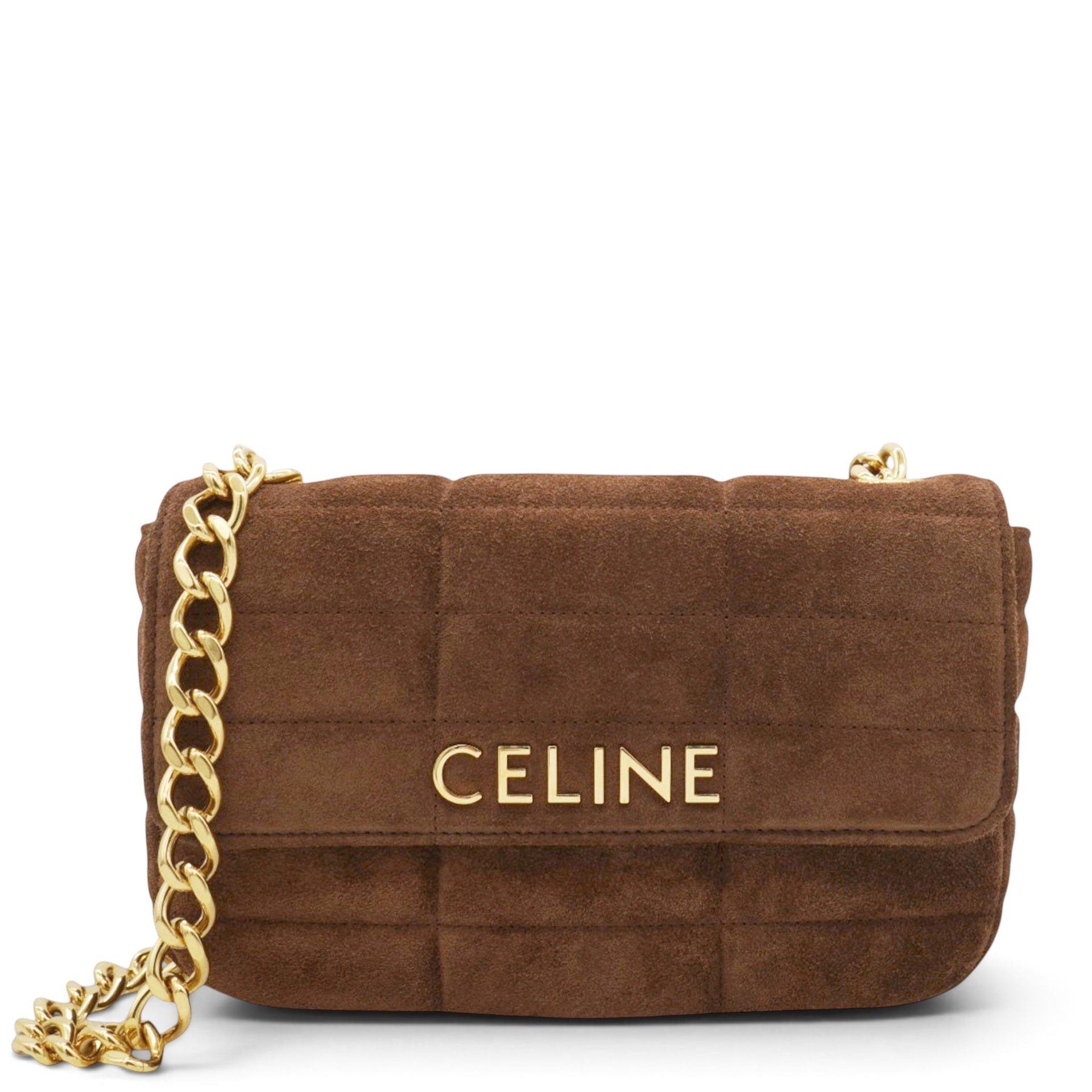 Celine Suede Matelasse Quilted Chain Shoulder Bag Brown 