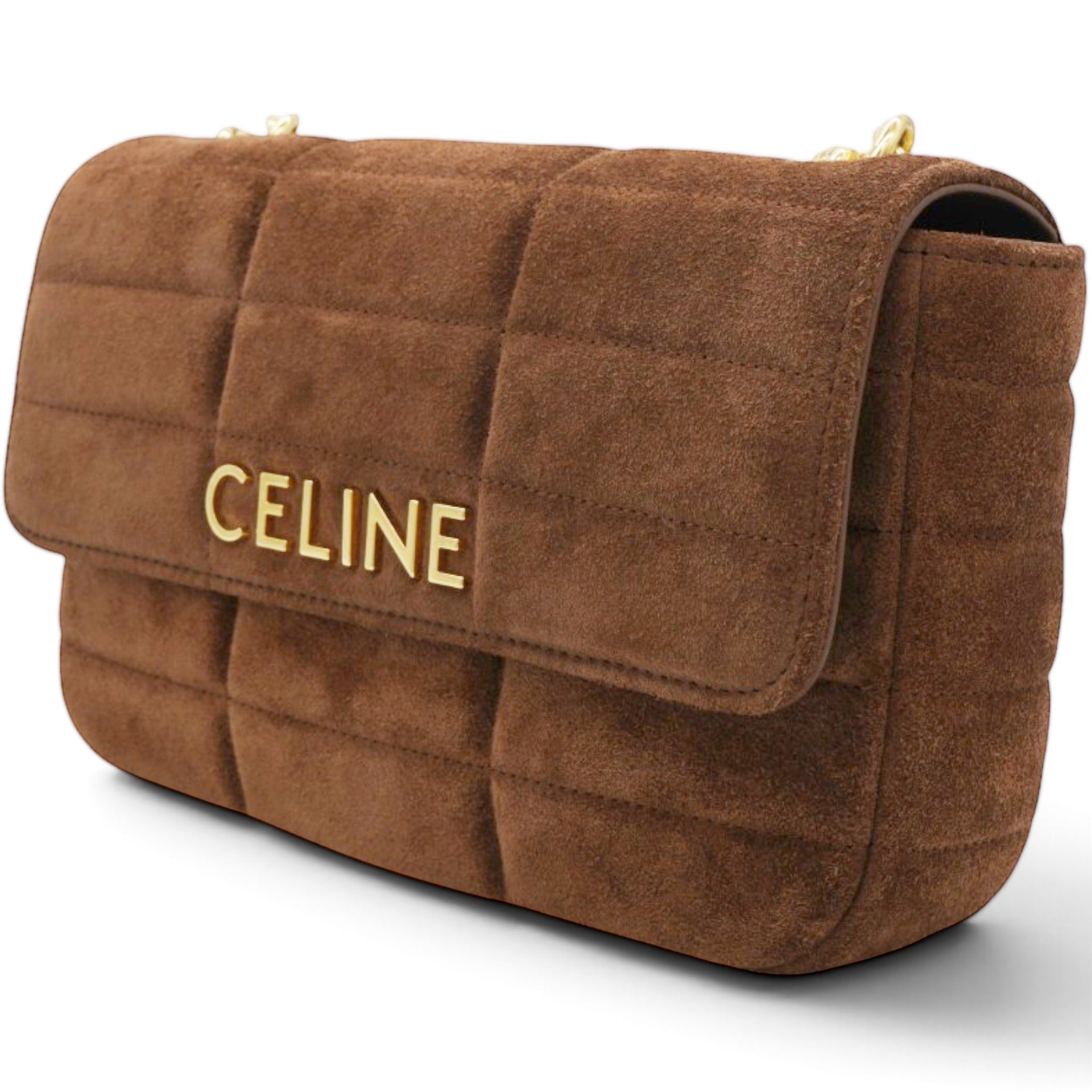 Celine Suede Matelasse Quilted Chain Shoulder Bag Brown 