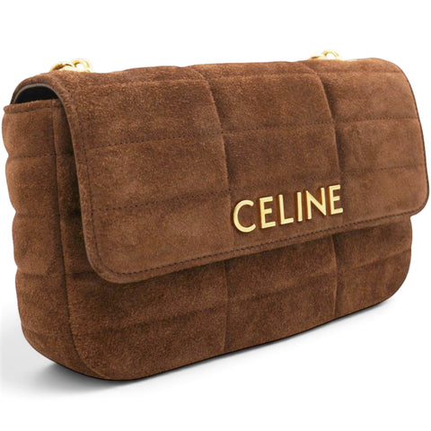 Celine Suede Matelasse Quilted Chain Shoulder Bag Brown 