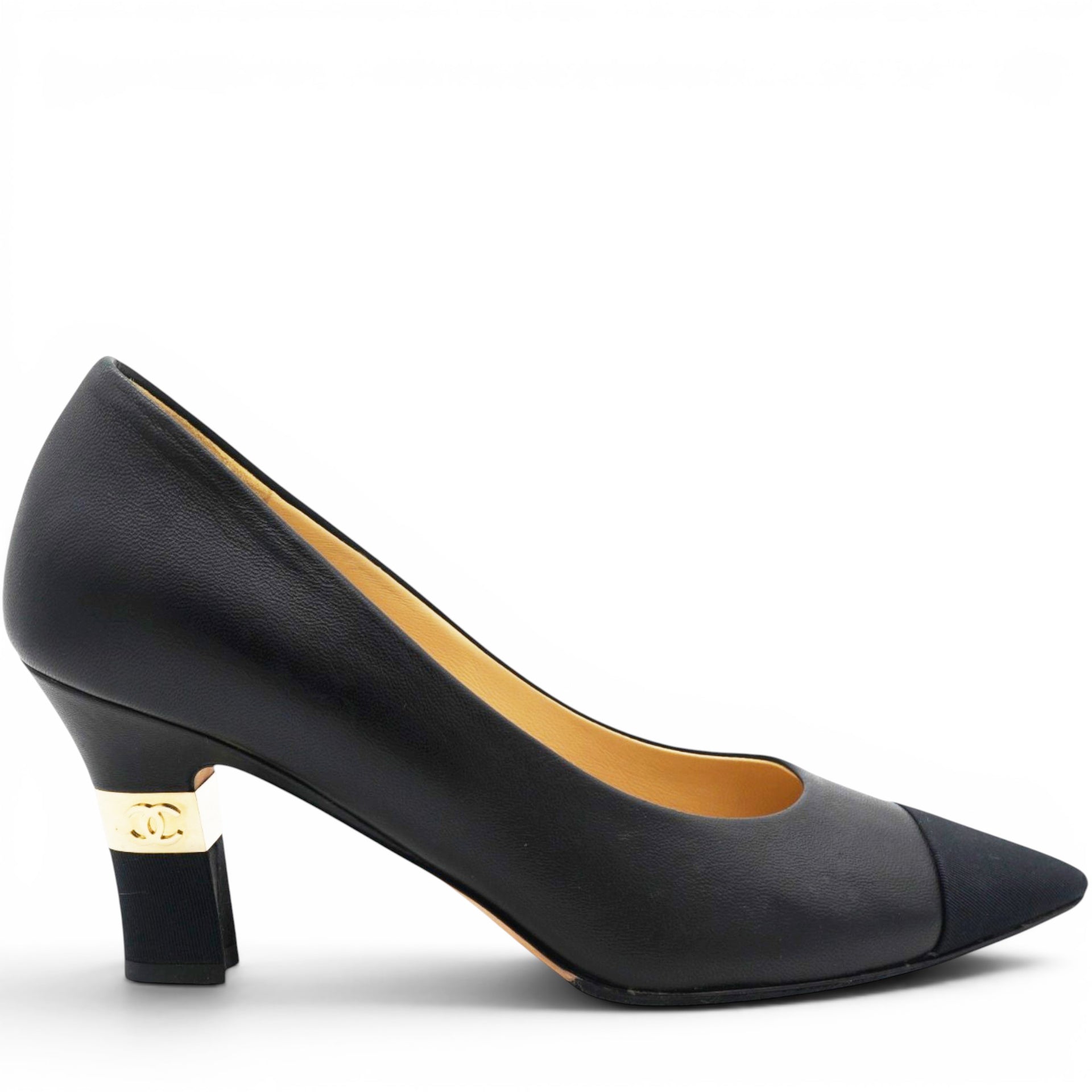 Chane Lambskin Grosgrain Cap Toe CC Pumps Black Size35.5 