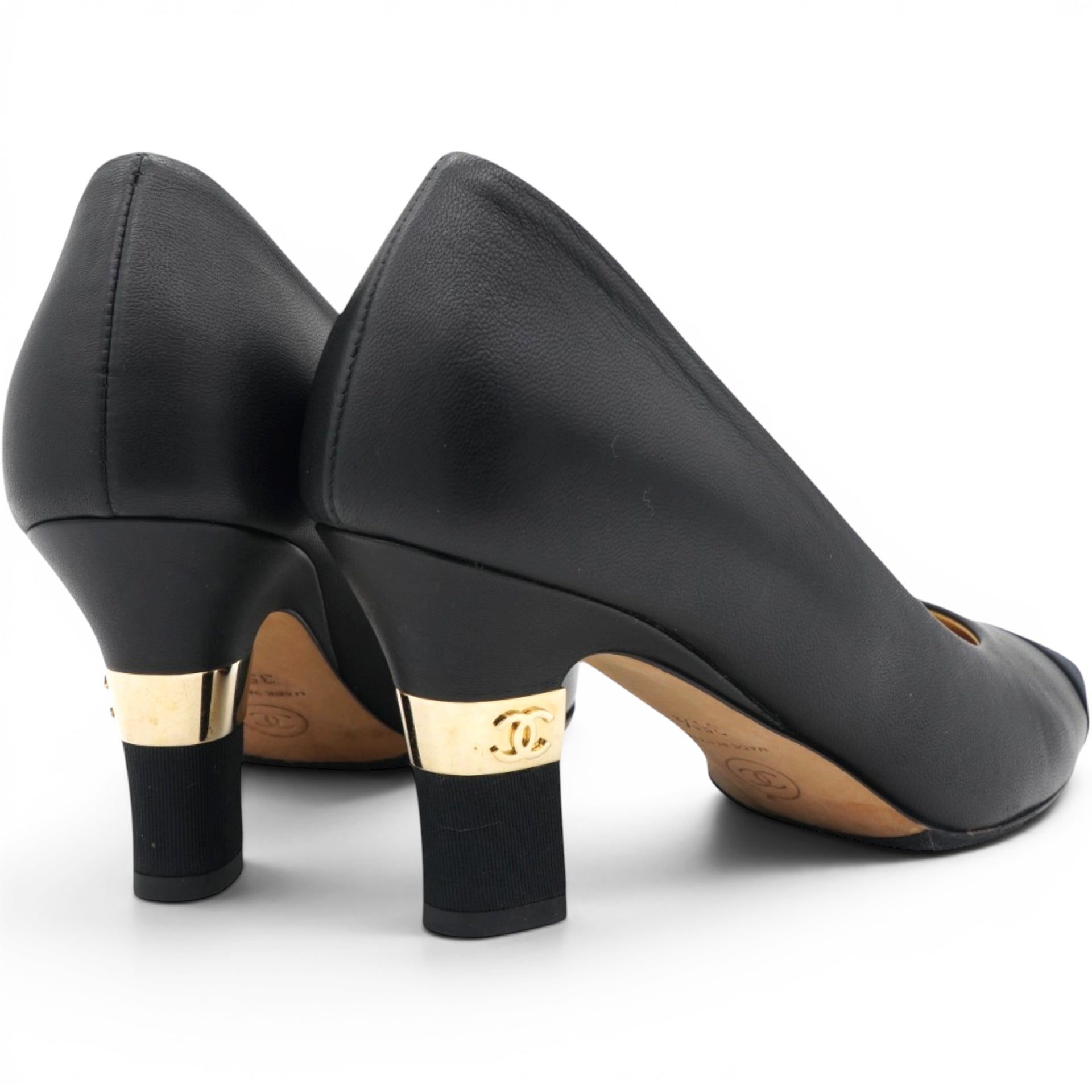 Chane Lambskin Grosgrain Cap Toe CC Pumps Black Size35.5 