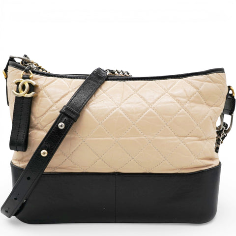 Chanel Aged Calfskin Quilted Medium Gabrielle Hobo Beige Black 